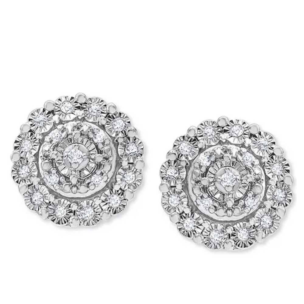 Diamond Halo Cluster Stud Earrings Sterling Silver